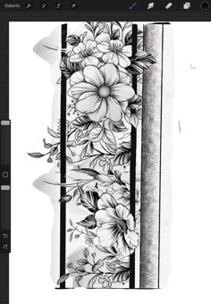 an image of flowers on the side of a wall with black and white lines around it