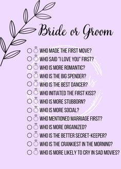 the bride's groom checklist is shown in black and white on a purple background