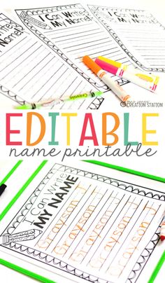 the editable name printable worksheet with markers and crayon pens