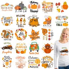 a woman standing in front of a white wall with pumpkins and leaves on it