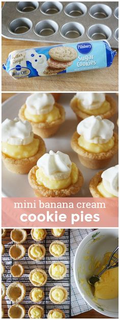 mini banana cream cookie pies are ready to be baked in the oven and put into muffin tins