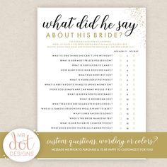 What Did He Say About His Bride Bride or Groom Printable Bridal Shower Game Gold, Black, Glitter Instant Digital Download - Etsy