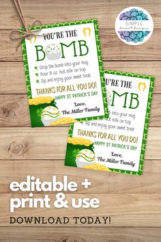 two printable st patrick's day party cards with the words, you're the