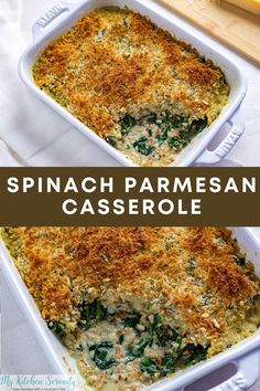 spinach parmesan casserole in a white baking dish on a table