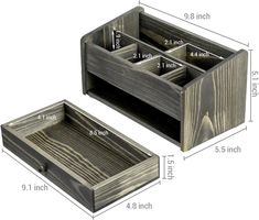 two wooden drawers are shown with measurements for each drawer, and the other is labeled