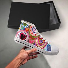 If you love nice vibrant sneakers, you'll be very happy in these retro heart high tops, inspired by the converse style women's sneakers. Perfect Christmas gift for any season and sure to put a smile on your face every time you wear them. These are a custom designs and are NOT MADE by anyone else. Great quality; * Rubber sole with good grip. * Canvas upper lining construction with EVA padded insoles. * Complete with metal eyelets and a lace up closure for a classic look. * Perfect for every seaso Converse Style Women, Retro Heart, Shoe Designs, Style Converse, Converse Style, Hand Painted Shoes, Shoe Design, Painted Shoes, Best Christmas