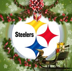 a christmas wreath with the pittsburgh football team on it and presents in front of it