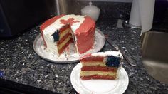 two slices of cake are on plates next to each other