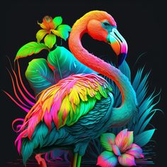 a colorful flamingo standing next to flowers and leaves