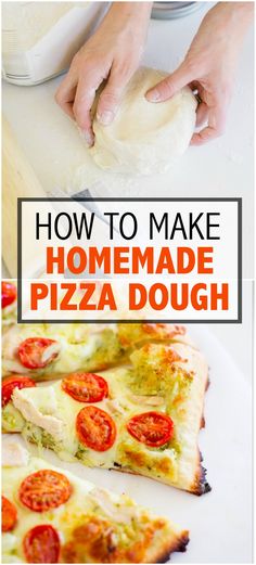 someone making homemade pizza dough on a cutting board with the words how to make homemade pizza dough