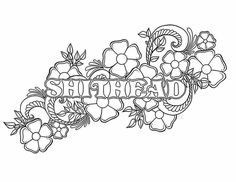 the word shrap is surrounded by flowers and leaves in black ink on a white background