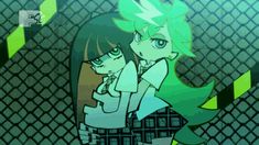 two anime characters standing next to each other in front of a chain link wallpaper