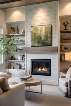 a living room filled with furniture and a fire place in the middle of the room