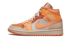 The Women’s Air Jordan 1 Mid “Apricot” is the women’s sizing of a spring-and-summer-inspired colorway of Michael Jordan’s first signature shoe.  A combination of plush materials in warm hues of pink, rust, and orange highlights the appearance of the “Apricot. ” The perforated toe and middle eyelet panel features a rustic orange suede material.  An orange-pink hue of leather graces the tumbled leather Swoosh branding on either side and on the forefoot and collar overlays.  A white “Wings” logo is Painted Jordan 1 Mid, Orange Jordans, Air Jordan 1 Orange, Apricot Agate, Womens Air Jordan 1, Sneakers Aesthetic, Womens Air Jordan, 70s Converse, Nike X Travis Scott