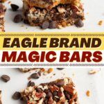 the cover of eagle brand magic bars with chocolate chips and pecans on top is shown