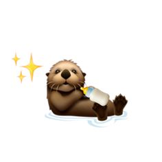 an otter with a bottle in its mouth and stars above it, floating on the water