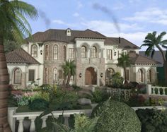 an artist's rendering of a large house with palm trees