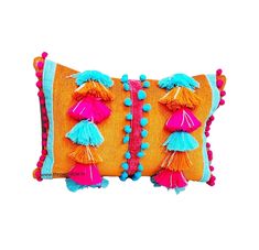 a colorful pillow with tassels and pom poms on the front, sitting against a white background