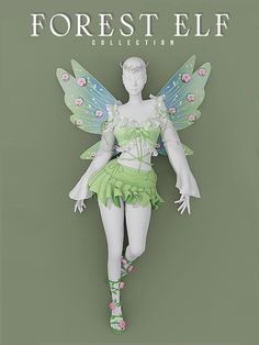 a white and green fairy doll with flowers on it's wings, standing in front of the words forest elf collection