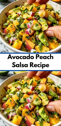 two bowls filled with avocado peach salsa