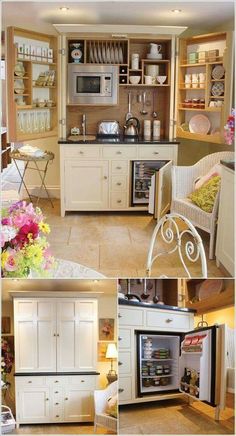 there are pictures of the inside of a kitchen with white cabinets and appliances in it