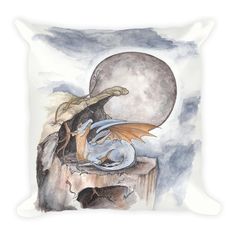 a watercolor painting of a dragon sitting on a rock with the moon in the background