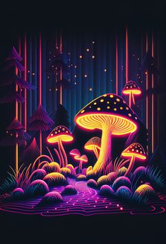 a painting of mushrooms in the woods with neon lights on them and streaming water