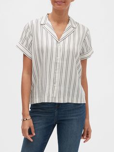 Casual Collared Rayon Shirt, Casual Rayon Collared Shirt, Classic Short Sleeve Rayon Tops, Relaxed Fit Blouse With Striped Collared, Classic Shirt With Rolled Sleeves For Day Out, Casual Tops With Striped Spread Collar, Relaxed Fit Blouse With Striped Collar, Summer Blouse With Camp Collar And Placket, Classic Shirt For Day Out