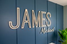 a blue wall with the name james michael on it and a potted plant next to it