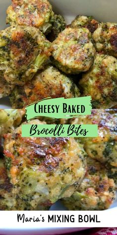 broccoli bites with cheese baked in them on a white plate and green text reading cheesy baked broccoli bites mario's mixing bowl