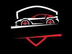 a car is shown in the middle of a red and white logo on a black background