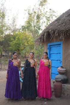 Beautiful pink Georgette gown for women, Indian ethnic gown with bandhani print and katchi patch work,designer gown for festive,evening gown GOWN   :- 👇 Color : 1)  Purple 2) Black 3) Pink  👉🏻 GOWN   :- 👇 👉🏻Fabrics & Work :- Bandhani Print work with kutchi patche work in Faux Georgette. 👉🏻 Size :- L Size ,40 Inch Stitched (User can adjust From 38" to 44" for your body comfort) 👉🏻 Sleeves :- Fancy sleeves 👉🏻 Length :- 56 Inch 👉🏻 Flair :- 12 Meter 👉🏻 Lining(Inner) :- Cotton (full u Vastra Designer, Fancy Sleeves, Long Anarkali Gown, Garba Dress, Haldi Function, Bandhani Print, Navratri Dress, Long Anarkali, Ethnic Gown