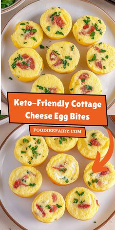 keto - friendly cottage cheese egg bites on a white plate with text overlay