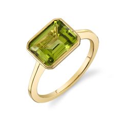 DESCRIPTION The Peridot Julia Ring is a one-of-a-kind birthstone ring, handmade in recycled 14k yellow gold. Peridot is the birthstone of August and known for its happy lime green tone. Ancient Egyptians called peridot the “gem of the sun,” believing it harnessed the power of nature. Peridot is also said to protect against evil and ensure peace and happiness. It has a unique origin of being formed deep in the upper mantle of the earth like diamonds. This glowing 3.2ct emerald cut peridot is eleg Cloud Ring, Rose Quartz Bracelet Beads, Colorful Inspiration, Peridot Birthstone, Organic Cleaning Products, Ancient Egyptians, Green Tone, Power Of Nature, Rose Quartz Beads