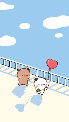 two cartoon bears are walking on a bridge with a heart shaped balloon in the air