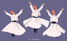 three different poses of a man in white clothing with his arms up and hands out