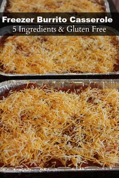 two baking pans filled with cheese covered burrito casserole