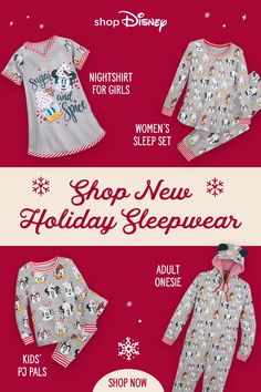 Individual flat images of 4 Disney holiday sleepwear items against a red background. Featured: nightshirt for girls, women's sleep set, kid's PJ Pals, adult onesie. Christmas Tie Dye, Kids Onesies, Space Outfit, Mickey And Minnie Mouse, Disney Holiday, Holiday Pajamas, Holiday Wear, One Piece Pajamas, Disney Kids