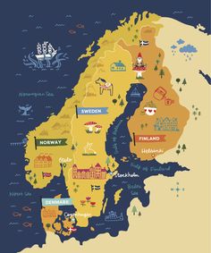 an illustrated map of iceland with all the major cities and towns in yellow, blue, green, orange