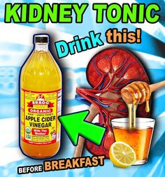 a bottle of liquid next to an image of a human head and the words kidney tonic drink this