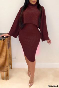 Olivia Mark - Chic Red Patchwork Turtleneck Long Sleeve Two-Piece Set with a Casual Appeal Basic Bodycon Dress, Batwing Sleeve Sweater, Casual Turtleneck, Bodycon Midi Skirt, Sweater Dress Outfit, Turtleneck Long Sleeve, Perfect Prom Dress, Turtleneck Sweater Dress, Sweater Dress Women