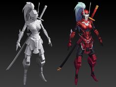 two different types of female armor, one in red and the other in white with swords