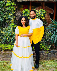 Embrace the vibrant spirit of the New Year with our radiant yellow couples Habesha outfit. Handwoven with care using Menen fabric, this ensemble beautifully captures the essence of Ethiopian fashion. The yellow color symbolizes joy and prosperity, making it a perfect choice for a festive celebration. Crafted from soft and comfortable cotton material, this outfit ensures both style and comfort as you welcome the New Year with elegance. Ethiopian Clothes, Ethiopian New Year, Ethiopian Fashion, Habesha Dress, Ethiopian Dress, Couples Outfit, Wedding Dress Chiffon, Dresses Chiffon, New Years Dress