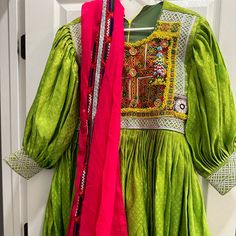 Price Is Firm. Worn For An Hour Or Two For A Wedding. Comes With Pink Trousers And Scarf. The Sleeves Are Short As Shown. They Are Meant To Come To A Little Below Your Elbow. Does Need To Be Steamed. Afghani Dress, Pink Trousers, Pistachio Green, Pistachio, Green Color, Green Colors, A Wedding, Trousers, Womens Dresses