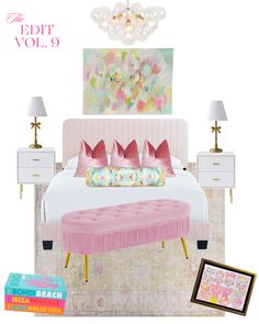 a bedroom with pink bedding, pillows and pictures on the wall next to it