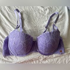 Savage X Fenty Not Sorry Lightly Lined Lace Balconette Bra 38 Dd Color Lavender Purple Lace Push-up Bra, Lavender Push-up Bra, Purple Underwire Bra Partially Lined, Lavender Fitted Push-up Bra, Purple Partially Lined Underwire Bra, Feminine Purple Underwire Bra, Fitted Lavender Bra With Padded Cups, Lace Balconette, Not Sorry