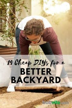 a woman is placing flowers in a bag on the ground with text overlay that reads, 19 cheap diys for a better backyard