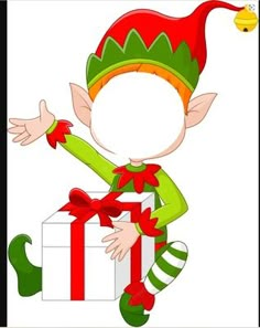 a cartoon elf holding a gift box with both hands and wearing a green striped hat