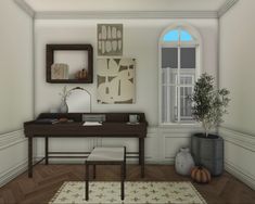 a computer desk sitting next to a window on top of a hard wood floor in a room