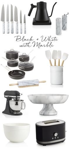 black and white kitchenware with marble accents